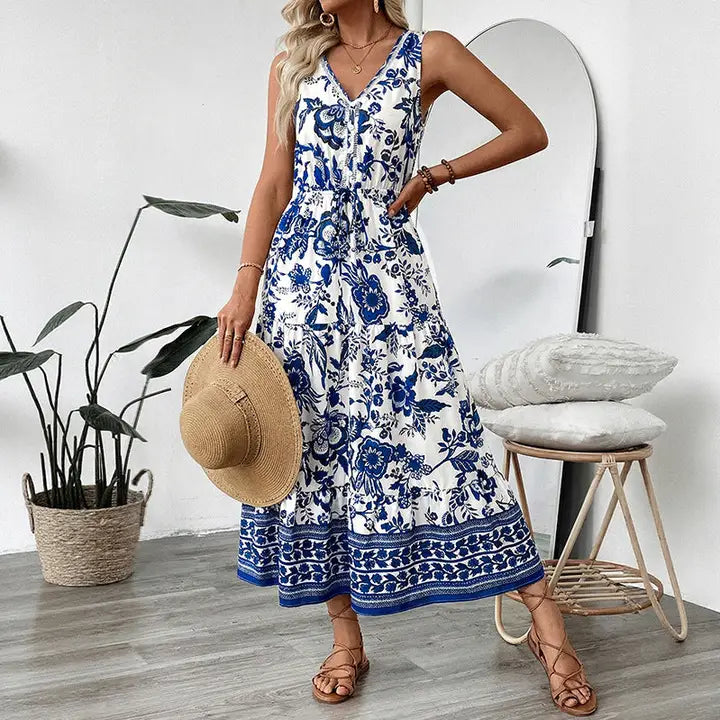 Blue Floral V Neck Sleeveless Maxi Dress Boho Summer