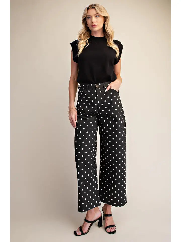 Casual Pants High Waist Barrel Leg Polka Dot Stretch-Black