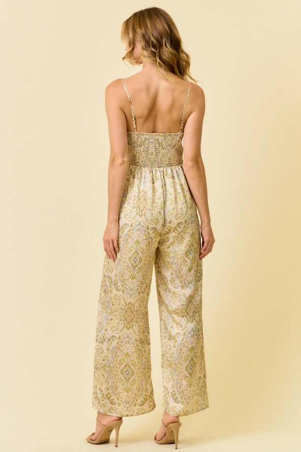 Satin Paisley Babydoll Wide Leg Jumpsuit