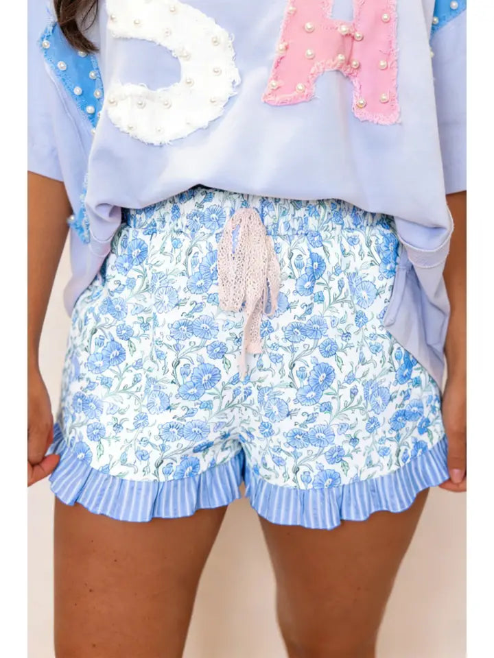 Floral Striped Ruffle Hem Lace Tie Shorts
