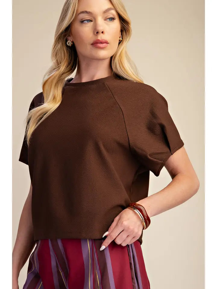 Round Neck Puff Short Sleeve Pullover Top- Brown