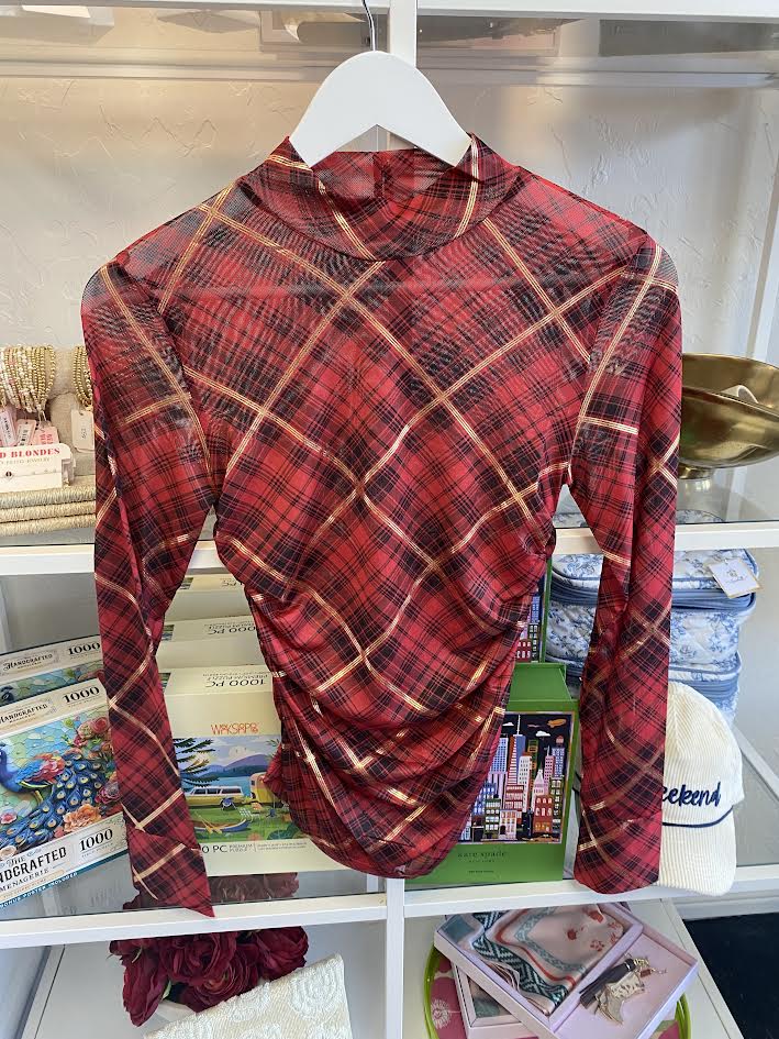 Long Sleeve Plaid Mesh Top