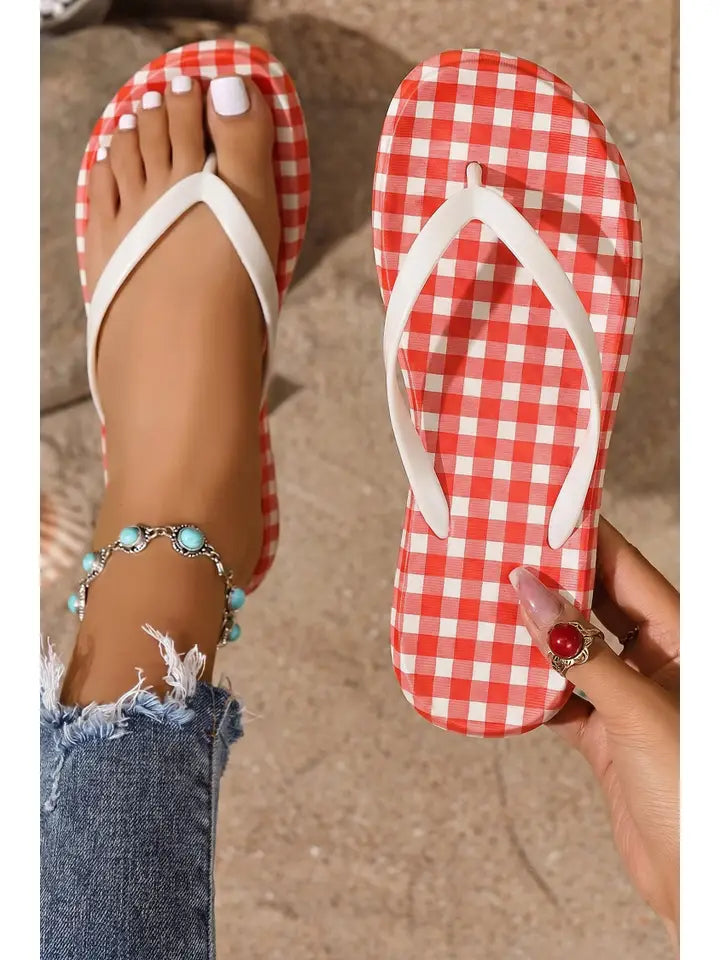 Plaid Contrast Straps Casual Beach Flip Flops