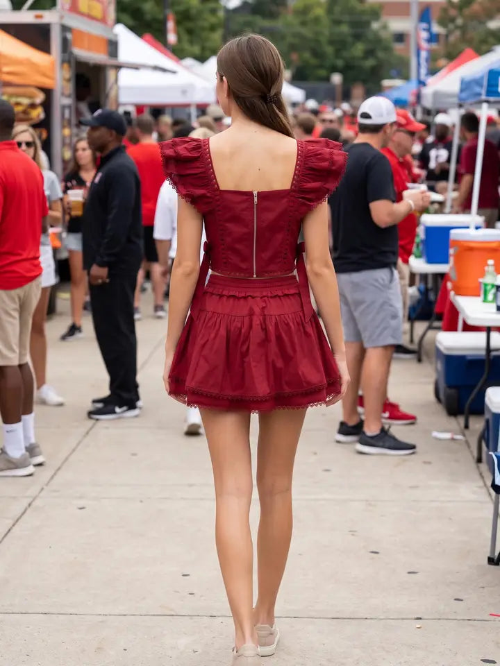 Ruffle Sleeve Lace Trim Ribbon Waist Skort Romper