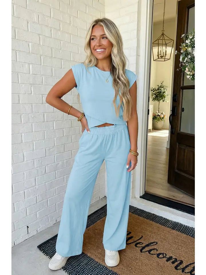 Las Solid Color Cropped Tank Top and Jogger Pants Set