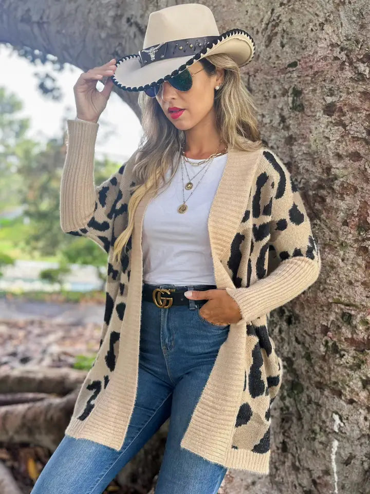Leopard Print Open Front Lightweight Knit Cardigan