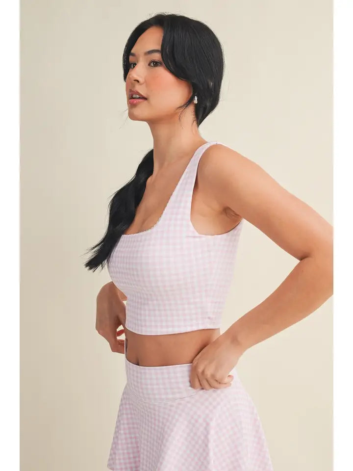 Gingham Print Crop Tank with Lace Trim