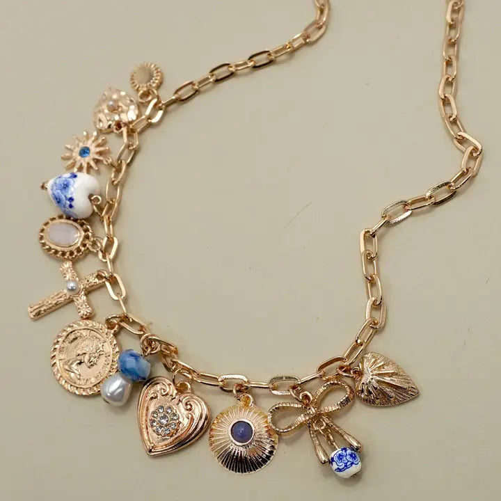 Charm Necklace-Porcelain Hearts Cross Necklace