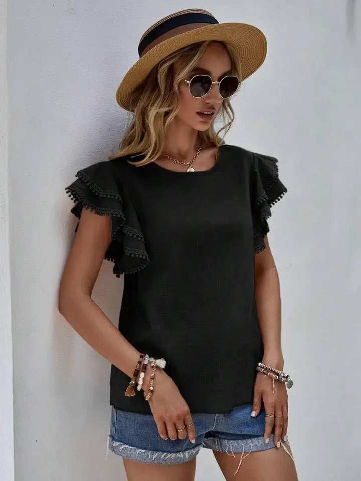 Round Neck Ruffle Sleeve Pom Pom Trim Casual Blouse Top