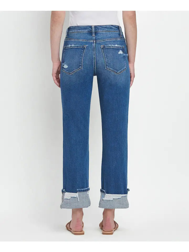 High Rise Cuffed Straight Jeans