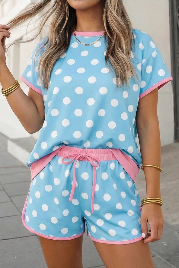 Casual Polka Dot Contrast Edge 2pcs Short Set