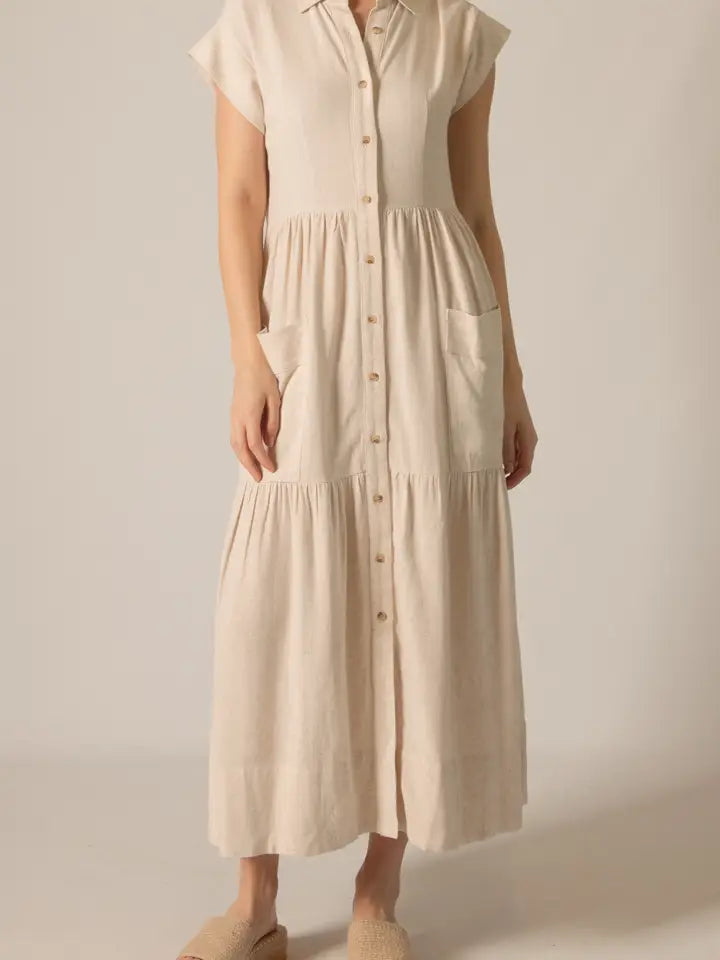 Linen Blend Short Sleeve Button Up Shirt Dress