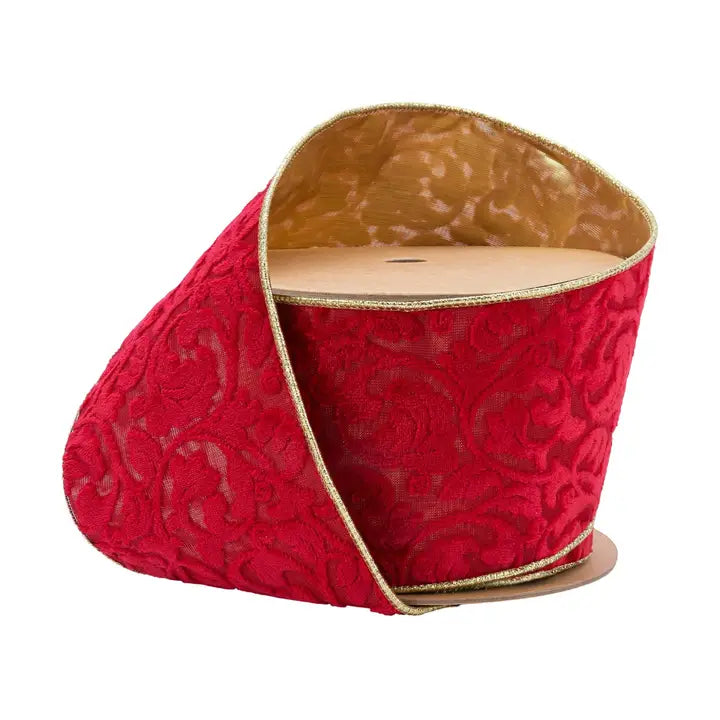 Reversible Velvet Ribbon Red Floral with Gold, 10yd