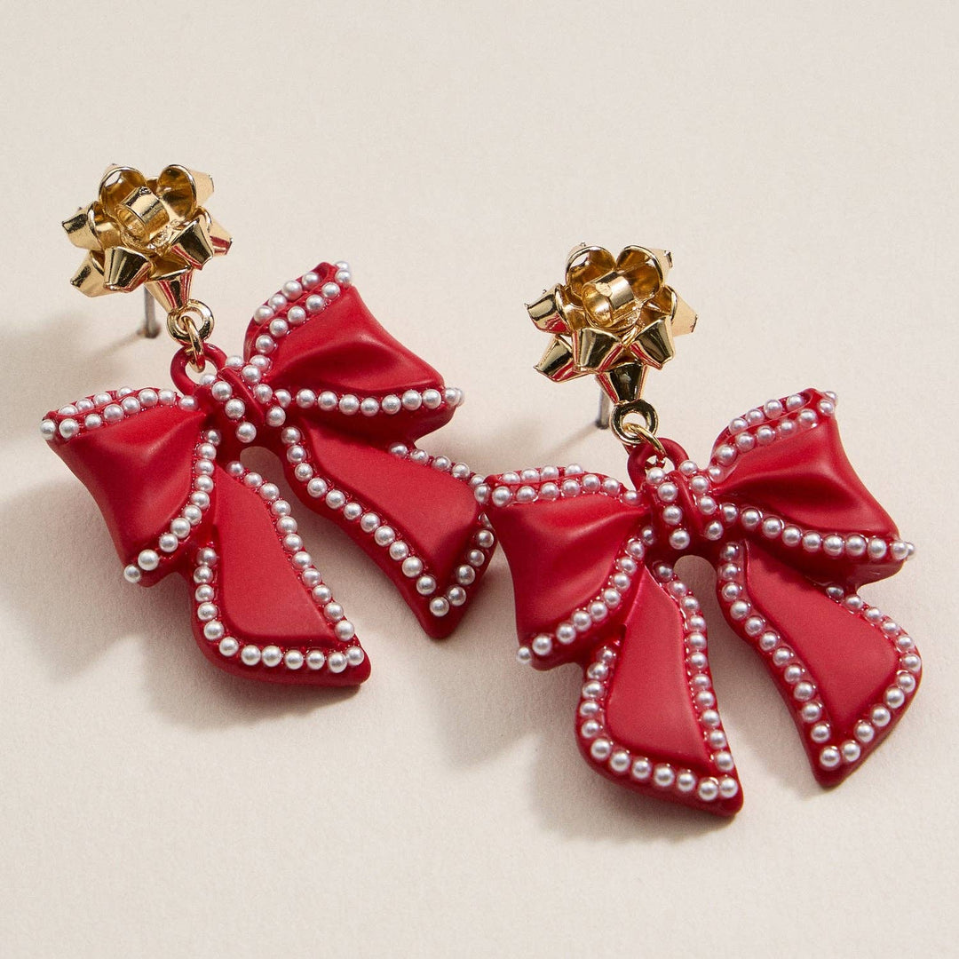 Christmas Bow Enamel | Pearl Trimmed Dangling Earrings