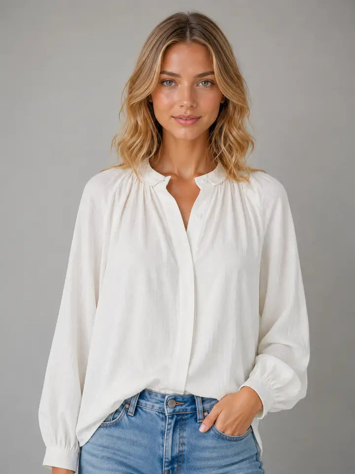 White Gathered Neck Blouse
