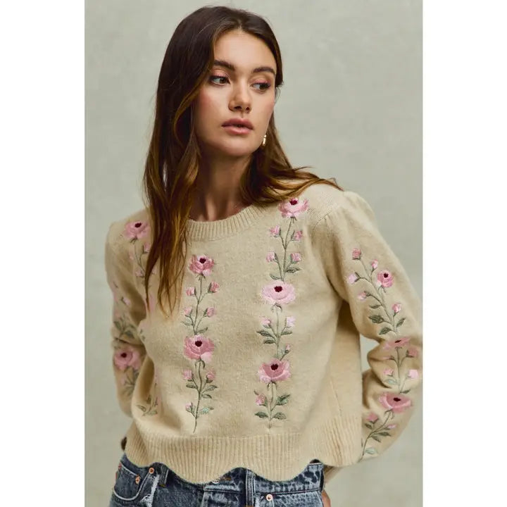Floral Embroidered Scallop Edge Sweater Top