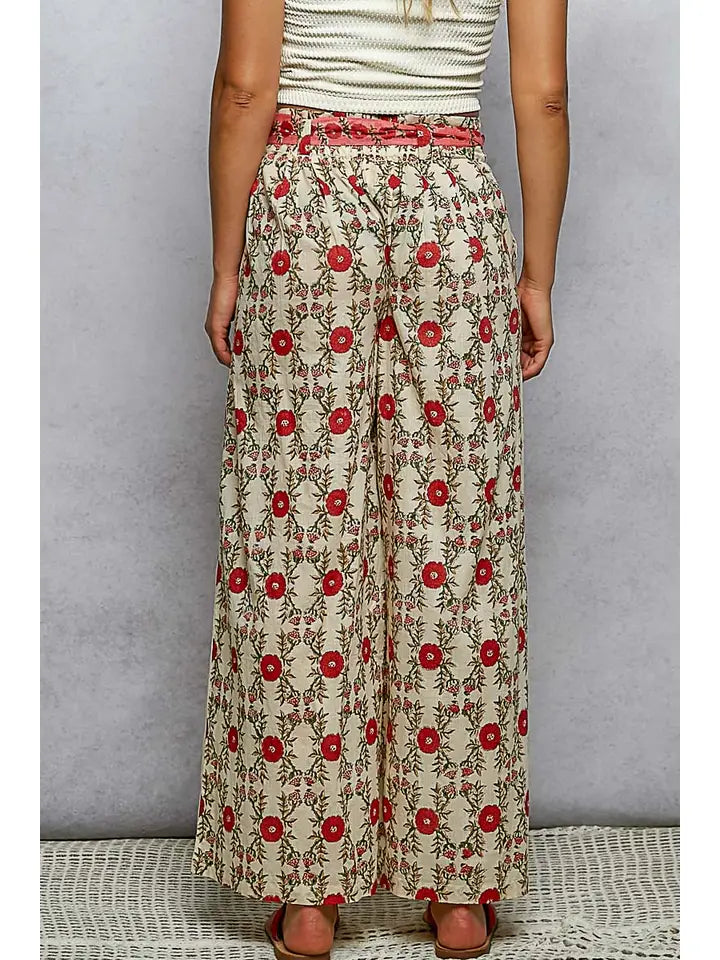 Waist Belt Floral Pattern Straight Fit Pants