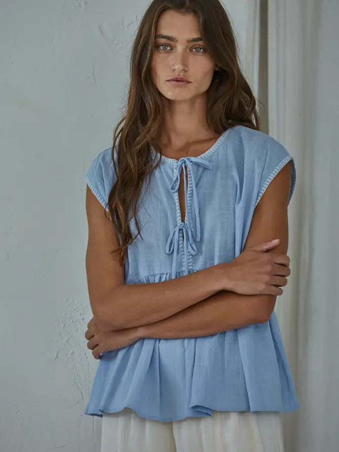 Woven Cotton Crew Neck Sleeveless Baby Doll Top