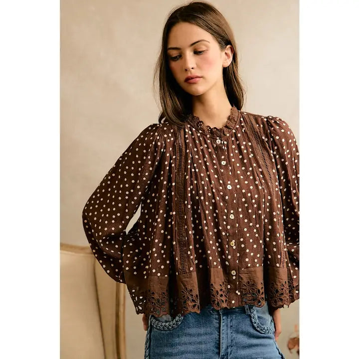 Polka Dot Lace Trim Short Long Sleeves Blouse Top