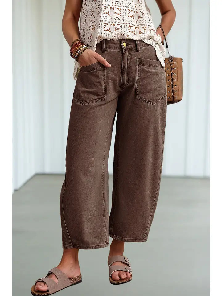 Las Square Patch Pocket Ankle-Length Barrel Jeans