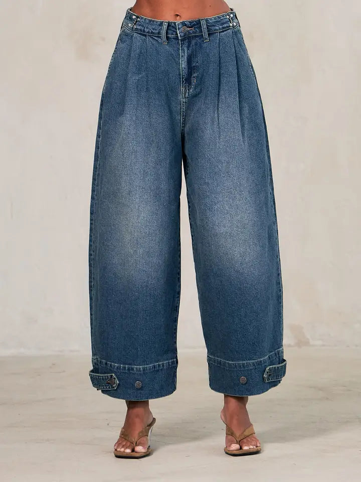 Adjustable Hem Cropped Baggy Jeans