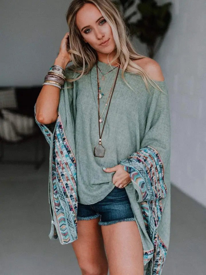 Fallon Embroidered Sleeve Poncho - Sage