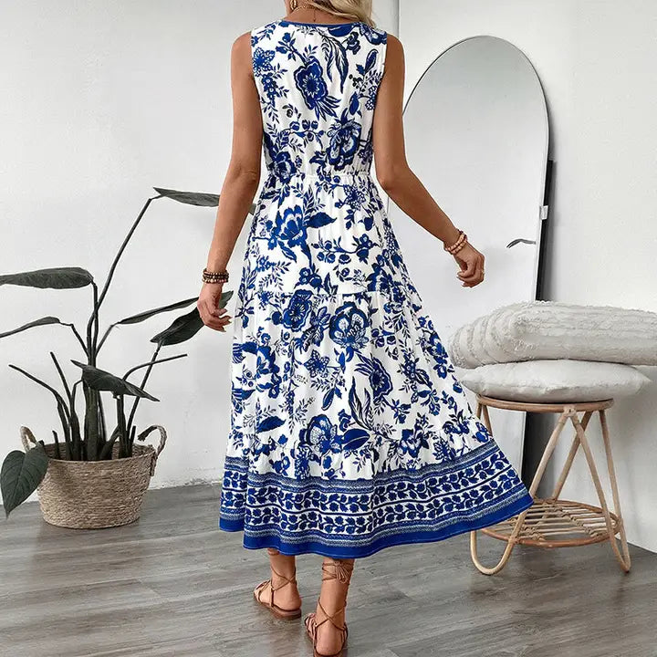 Blue Floral V Neck Sleeveless Maxi Dress Boho Summer