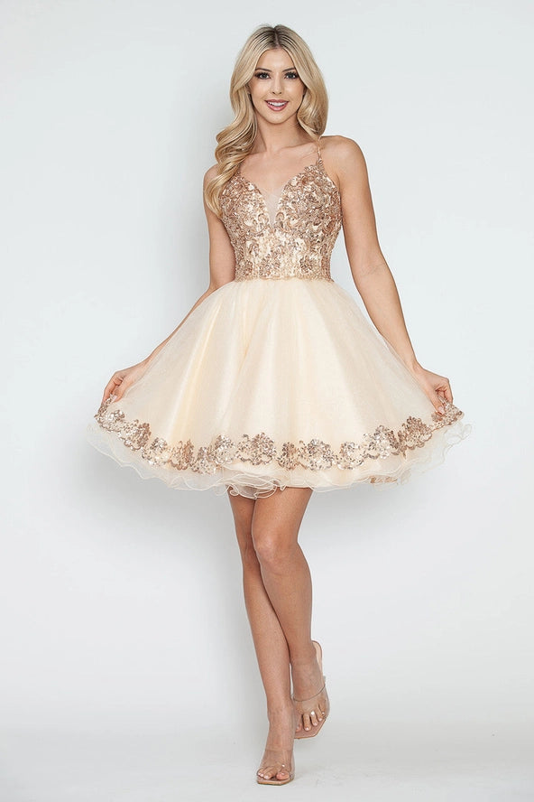 Sequin Bodice Tulle Short Party Dress V-Neck Dress