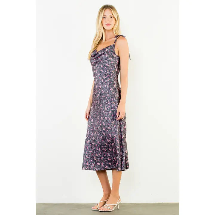 Tie Shoulder Satin Flower Dress