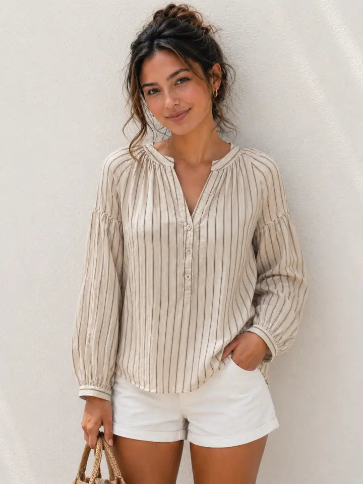 Natural Stripe Button Henley Blouse