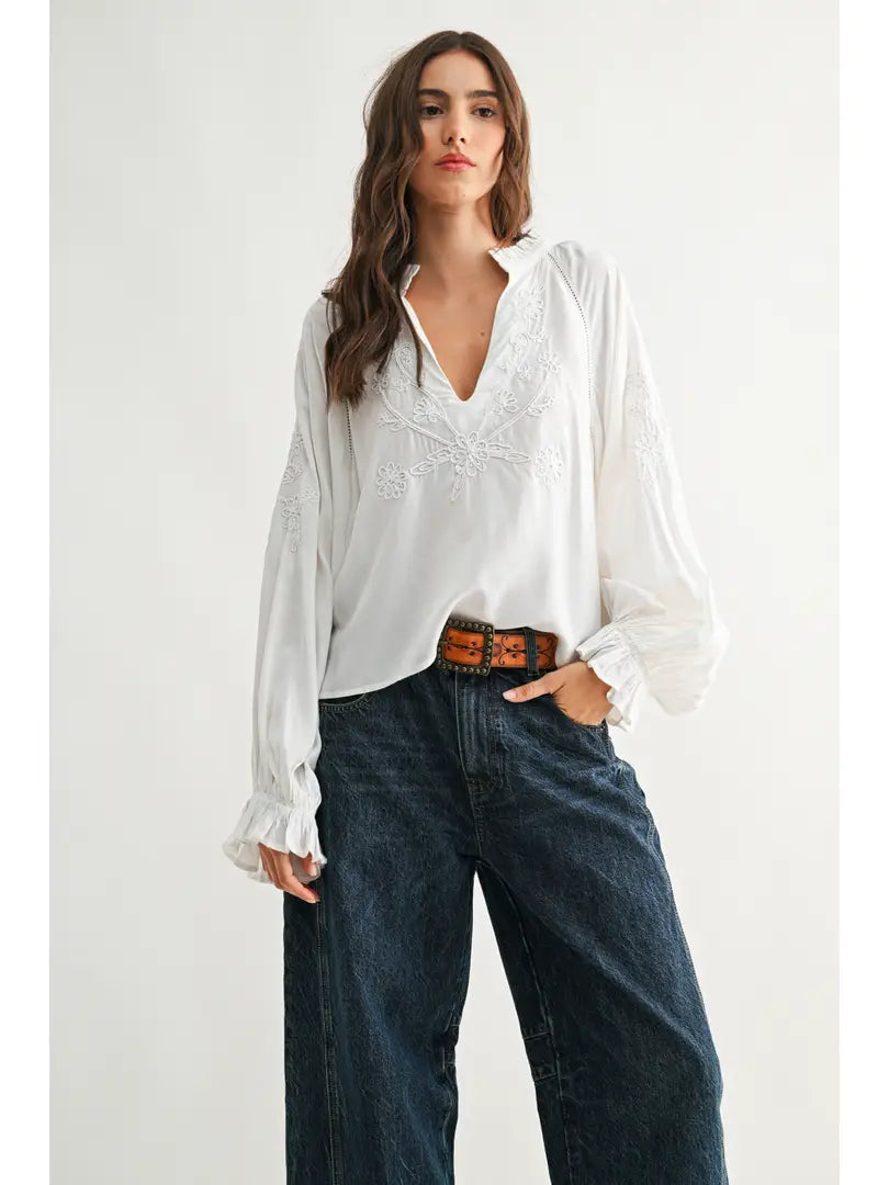 Boho-Chic Embroidered White Peasant Blouse