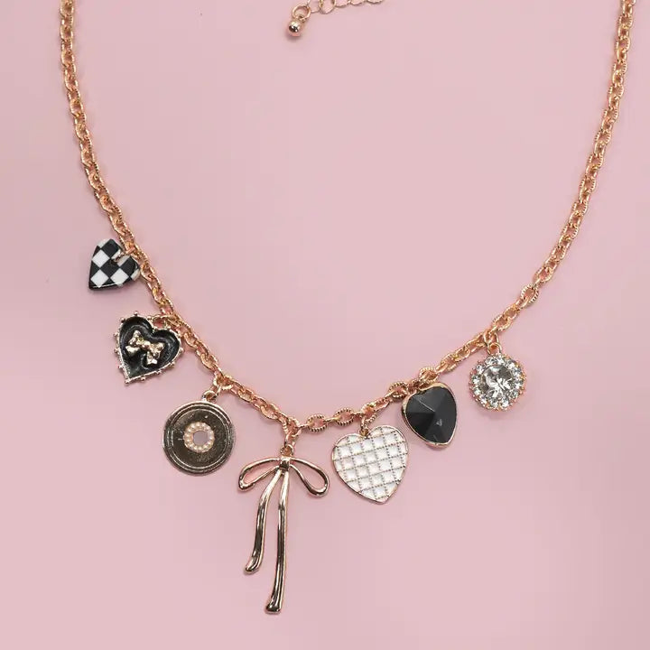 Charm Necklace-Bow Checker Heart Rhinestone