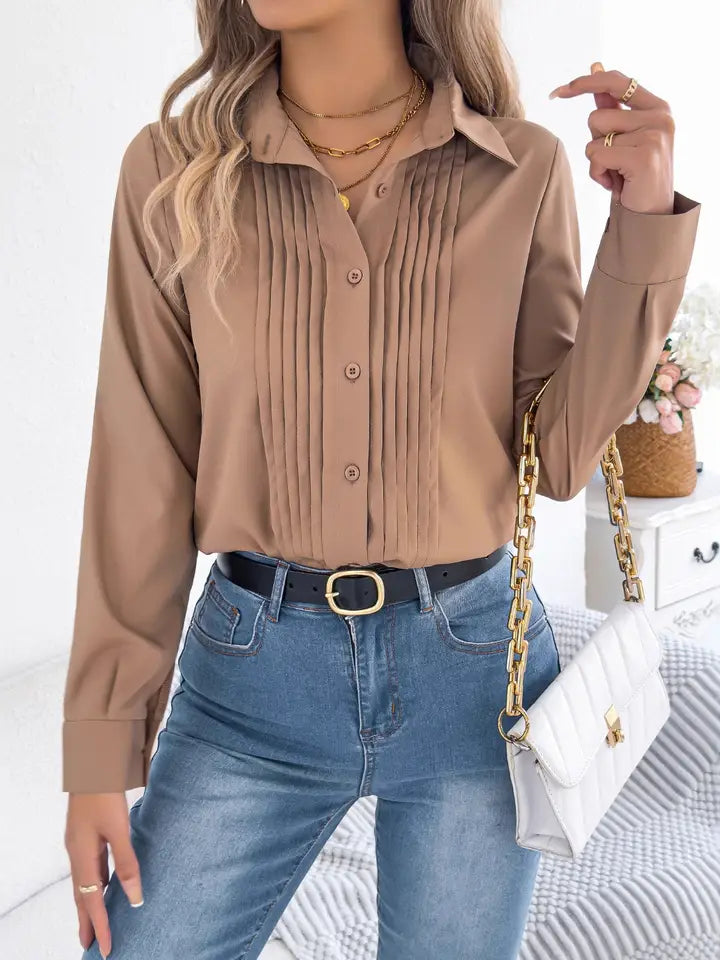 Pleated Long Sleeve Button Down Collared Blouse