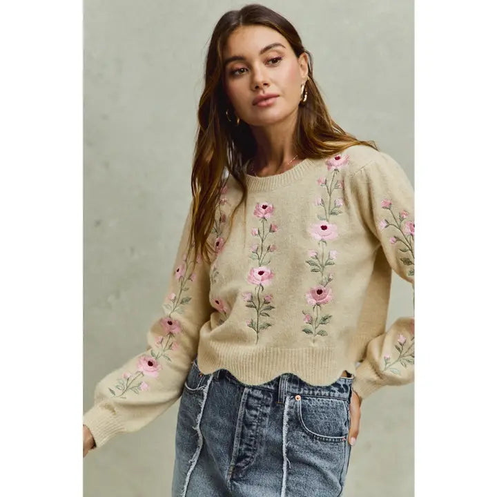 Floral Embroidered Scallop Edge Sweater Top