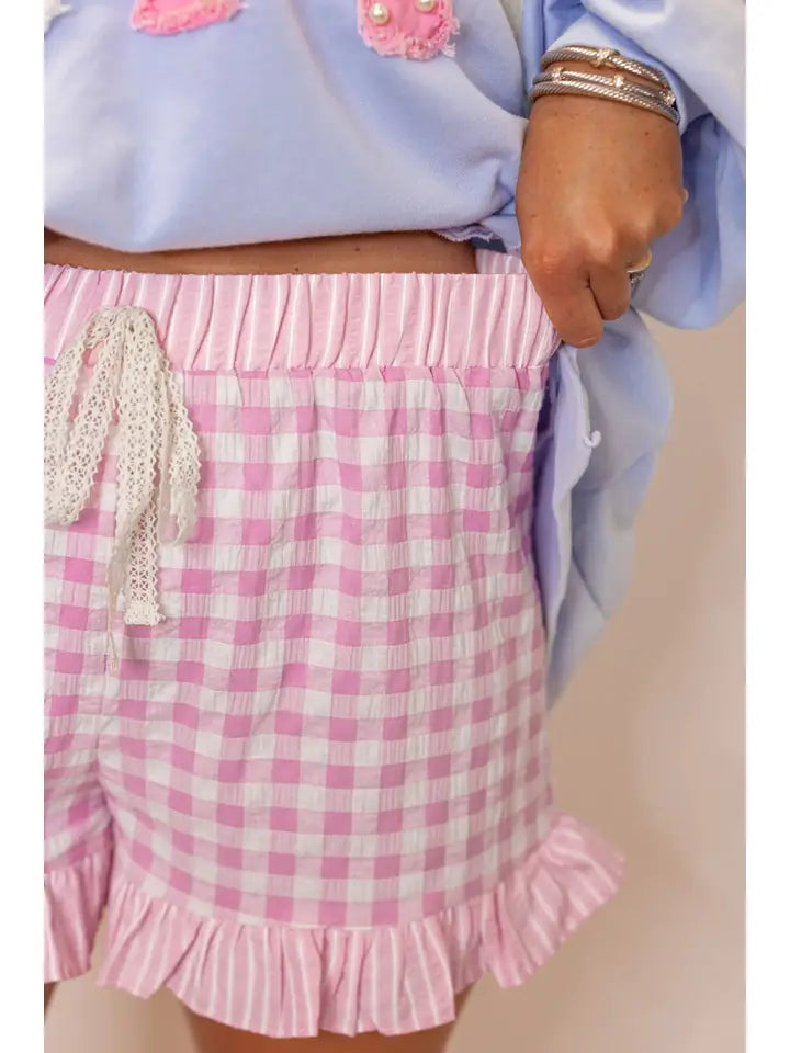 Floral Striped Ruffle Hem Lace Tie Shorts