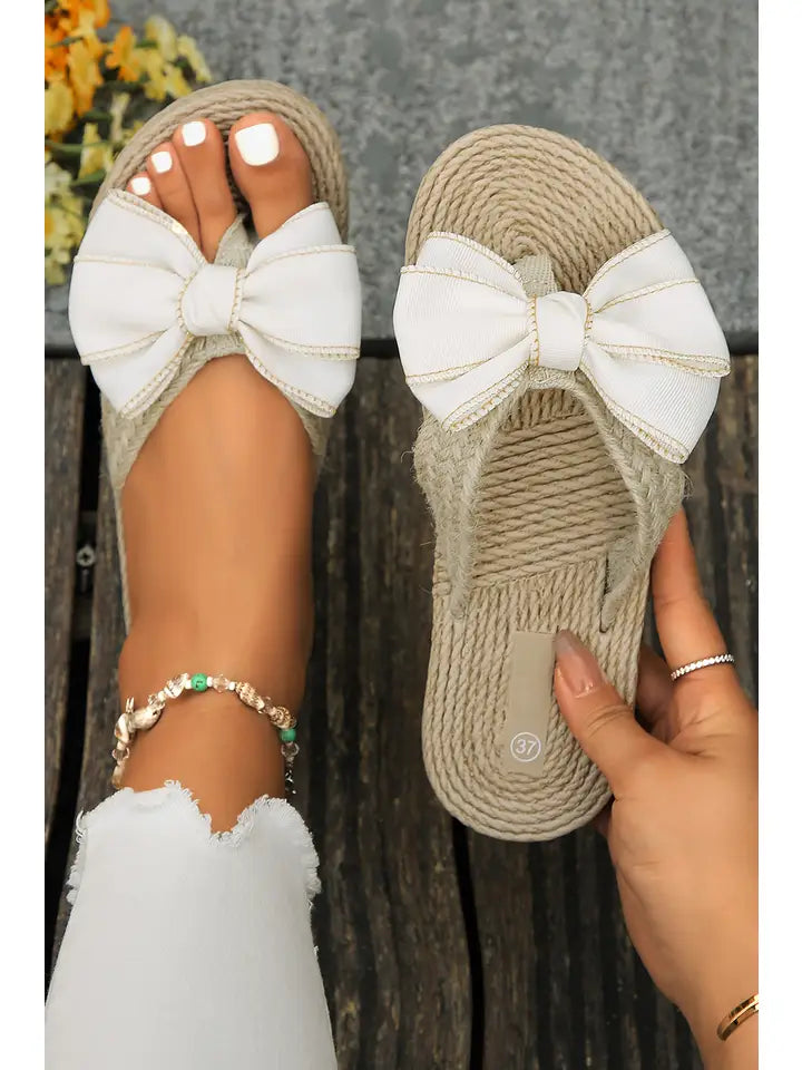 Stitched Bow Decor Straw Woven Flip Flop Slippers