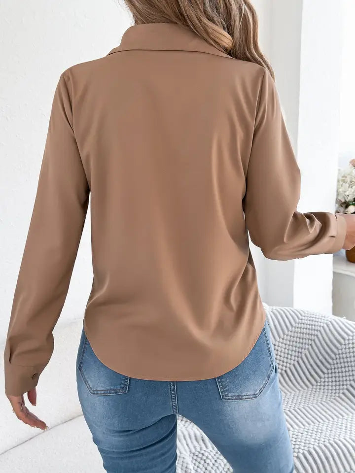 Pleated Long Sleeve Button Down Collared Blouse