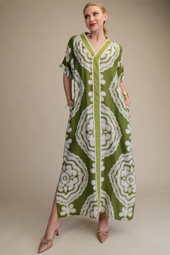 V-Neck Short Sleeve Maxi Print Dress