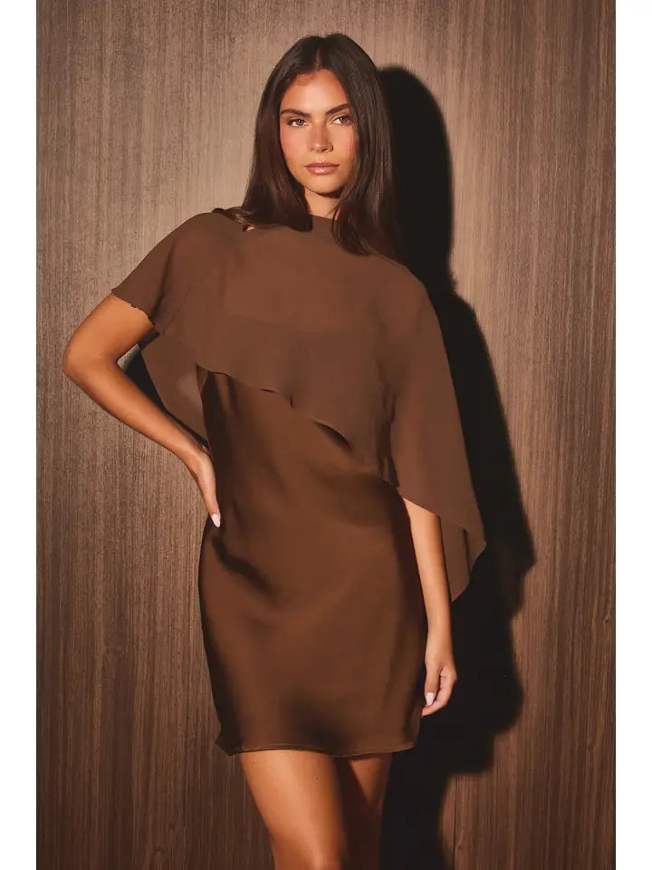 Satin Bias Slip Mini Dress with Sheer Cape