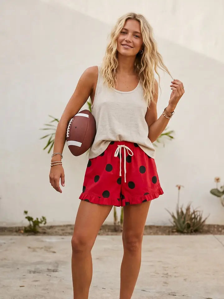 Gameday Ruffle Hem Polka Dot Poplin Shorts