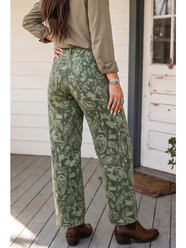 Las Western Paisley Geometric Denim Loose Pants