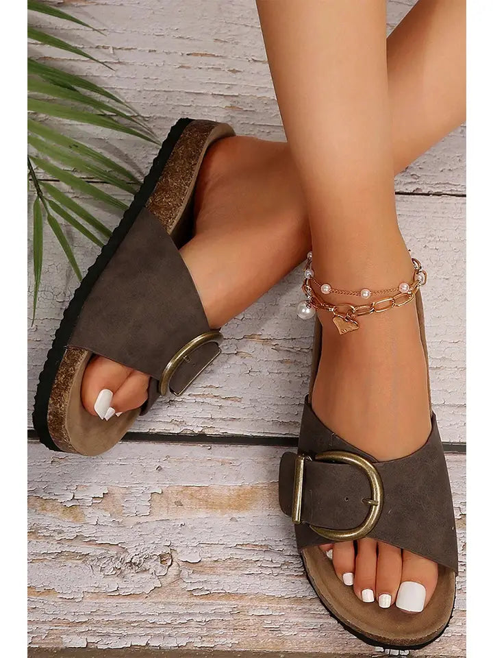 Buckle Decor Faux Suede Thick Sole Slippers