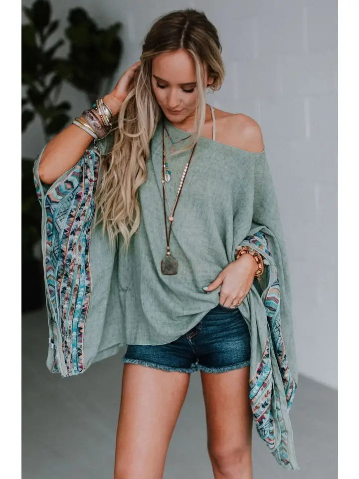 Fallon Embroidered Sleeve Poncho - Sage