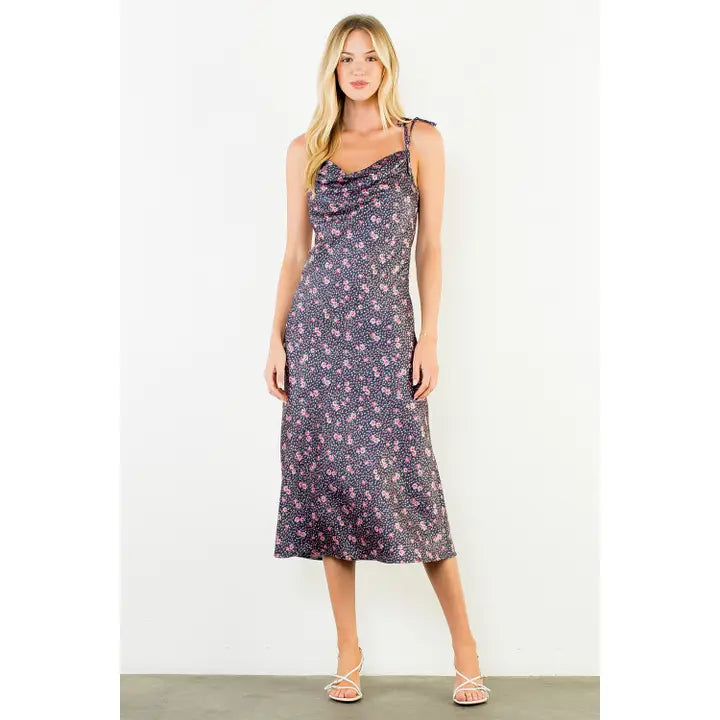 Tie Shoulder Satin Flower Dress