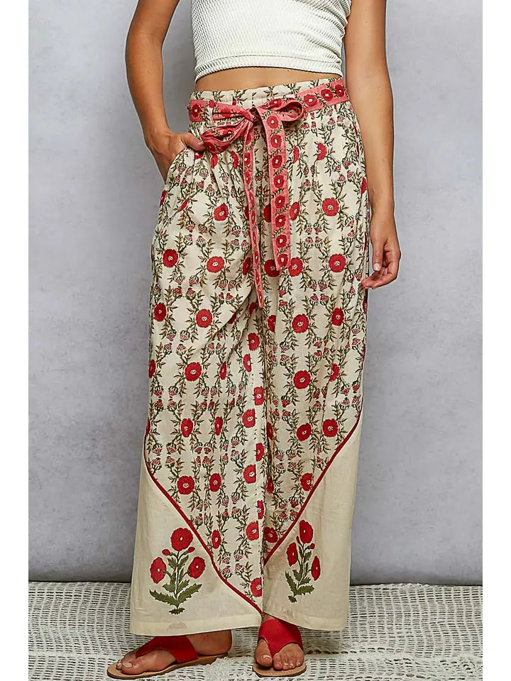 Waist Belt Floral Pattern Straight Fit Pants