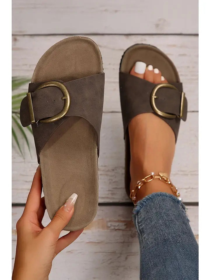 Buckle Decor Faux Suede Thick Sole Slippers