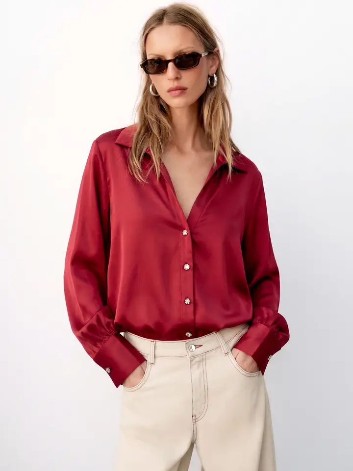 Button Down Shirt V-Collar Neck -Burgundy