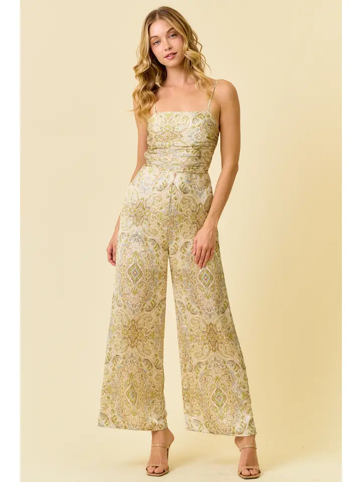 Satin Paisley Babydoll Wide Leg Jumpsuit