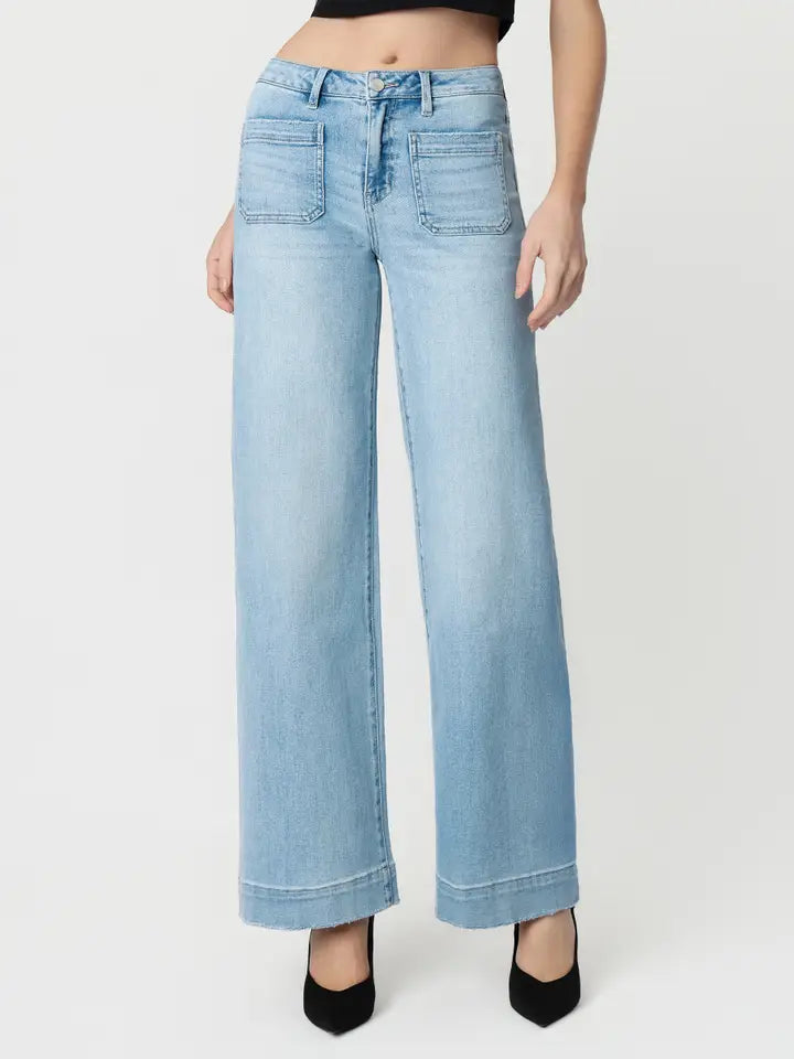 High Rise Light Wash Trouser Hem Wide Jeans F5764N