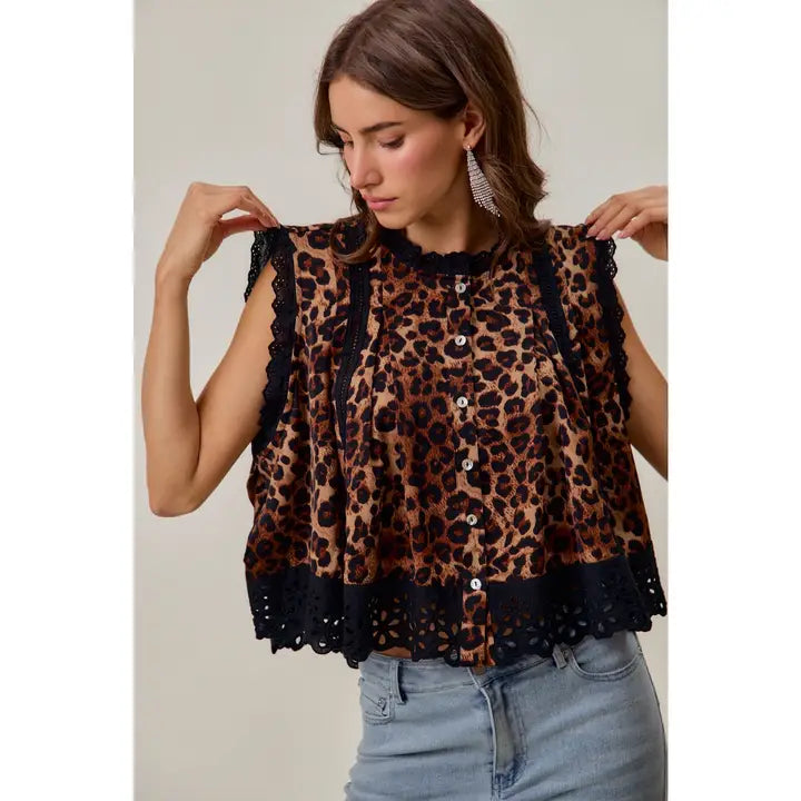 Leopard Button Up Pleated Sleeveless Blouse Top